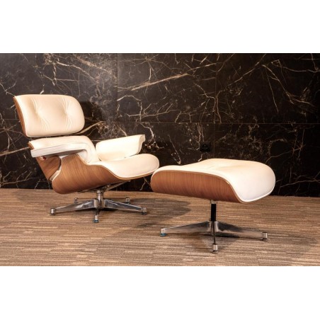 FAUTEUIL CHARLES EAMS EN CUIR BLANC AVEC REPOSE PIEDS + BASE EN ALLU