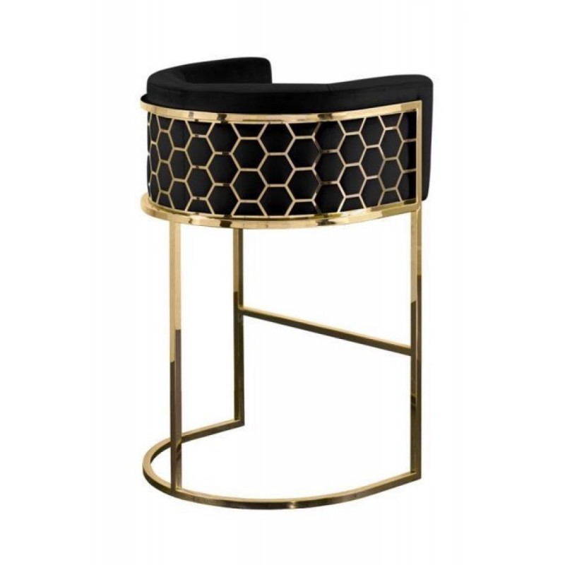 TABOURET ALVEARE EN VELOURS NOIRE STRUCTURE EN INOX DORE